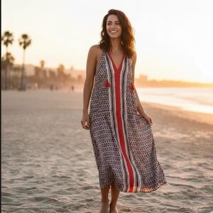 Tracy Reese Anthropologie Smocked Halter Dress 100% Silk Indigo Ruby Motif M NWT